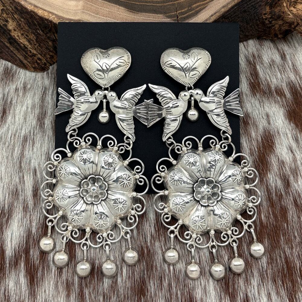 FEDERICO JIMENEZ Lg Sterling Chandelier Post Earrings Hearts Flowers Love Birds